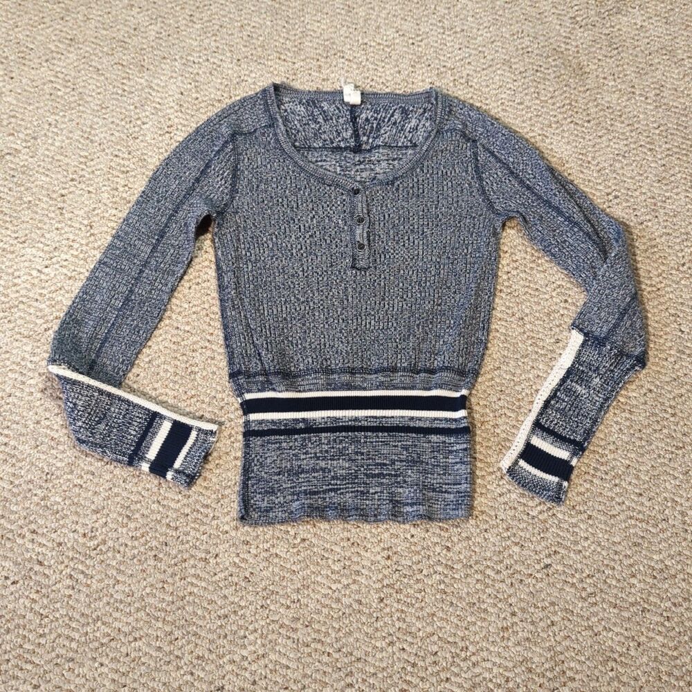 We The Free People Sock Monkey Henley Top Womens S Blue Crochet Sleeves